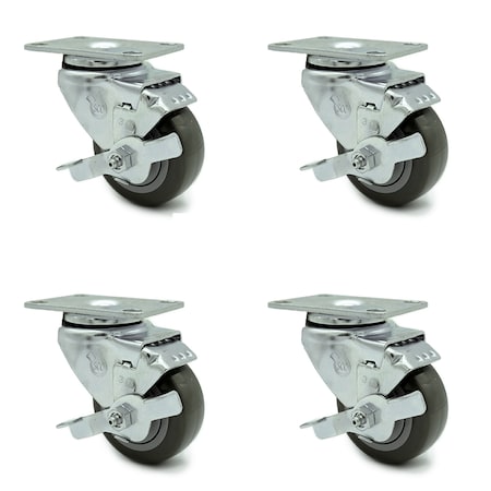 Service Caster 3 Inch Gray Polyurethane Wheel Swivel Top Plate Caster Set with Brake SCC SCC-20S314-PPUB-TLB-4